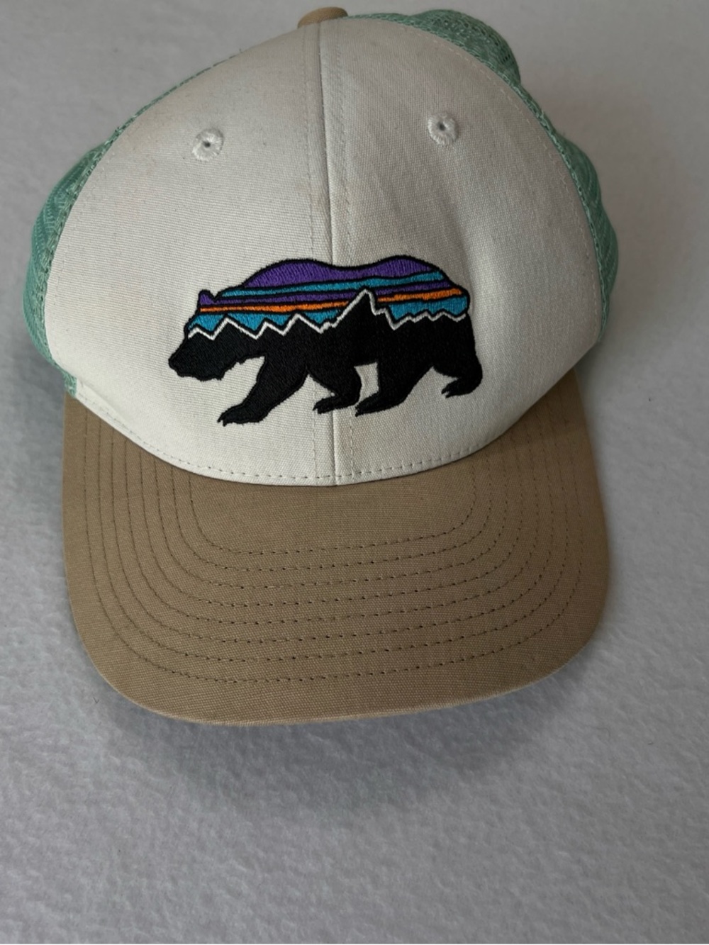 Patagonia California bear trucker hat faded worn in light Aqua Tan